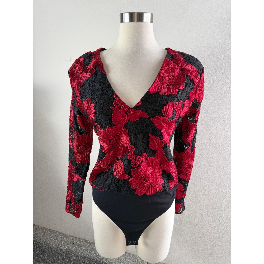 Express Womens Medium Red Black Floral Lace 3D V Neck Bodysuit Long Sleeve